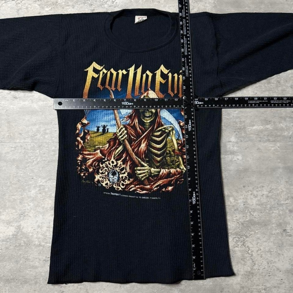 Y2K Vintage 90s 3D Emblem Grail Fear No Evil Black Waffle Knit Long Sleeve - Picture 5 of 5